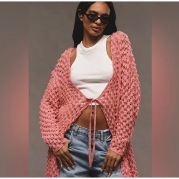 Anthropologie Maeve Pink Popcorn Duster Cardigan Open Knit Crochet OS Oversize - Picture 2 of 8
